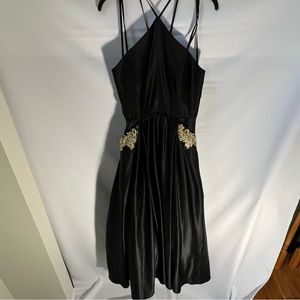 Black satin formal dress with pockets